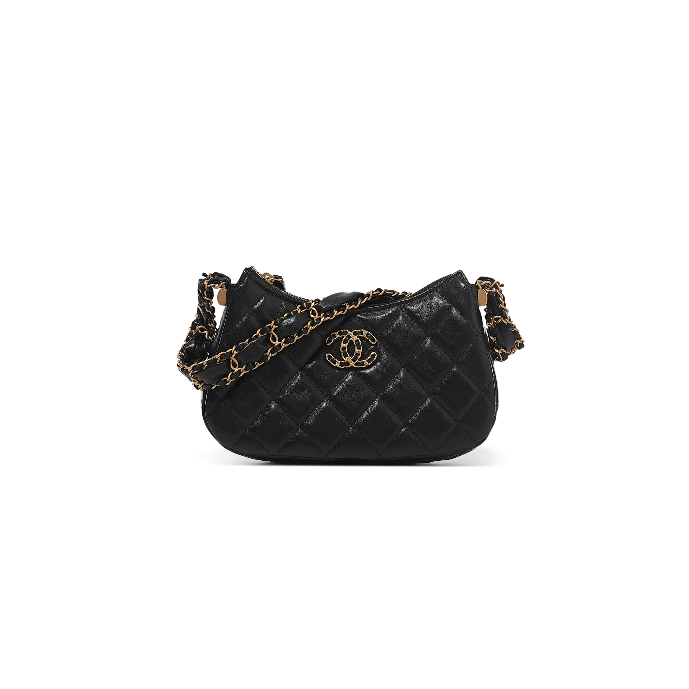 Ch*el black quilted lambskin hobo bag brushed gold hardware (20.5*12*4.5cm)